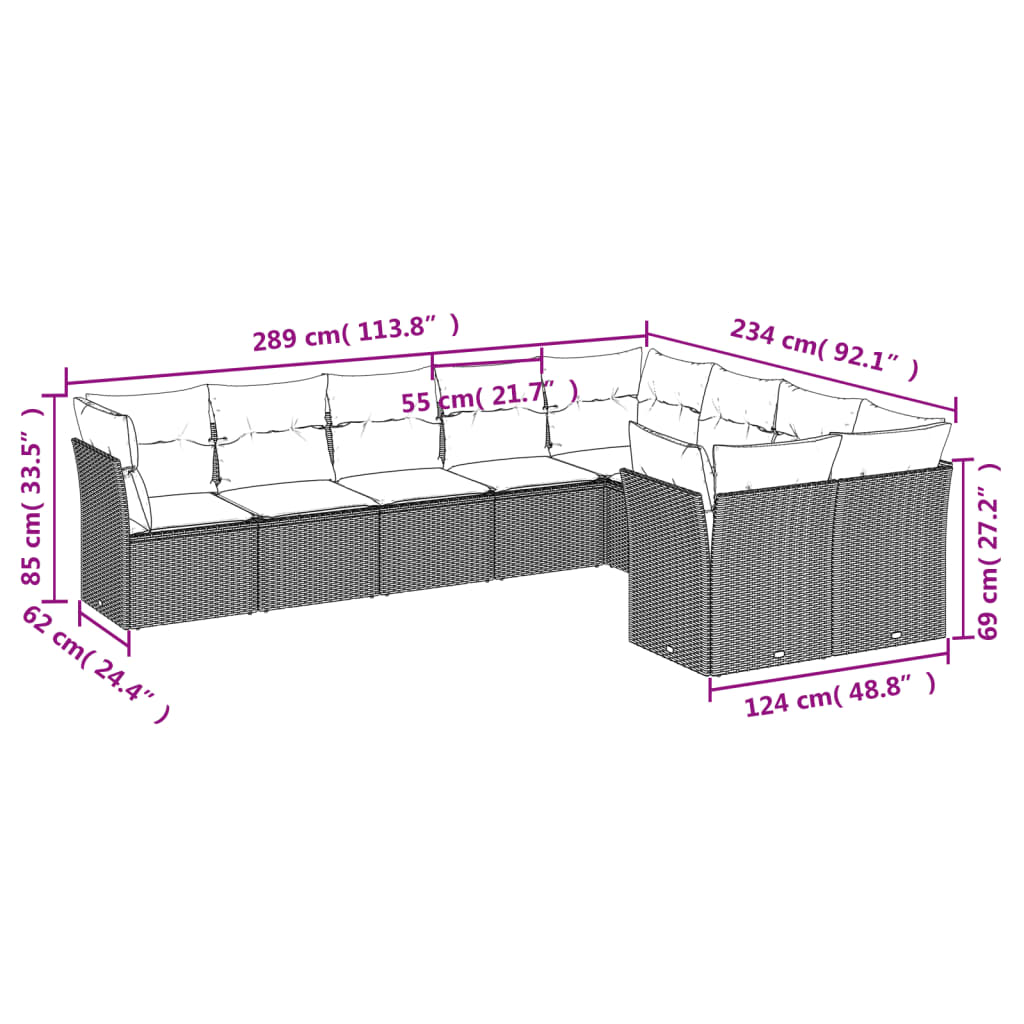 vidaXL Salon de jardin avec coussins 9 pcs marron résine tressée