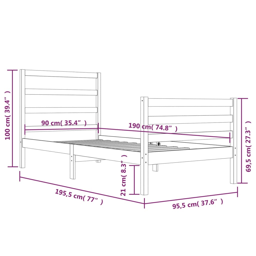 vidaXL Cadre de lit bois de pin massif 90x190 cm simple