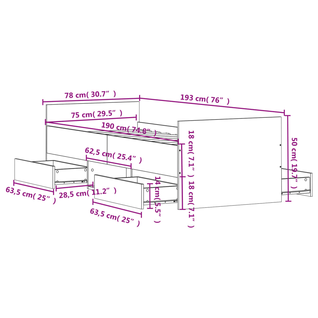 vidaXL Cadre de lit tête de lit et pied de lit chêne fumé 75x190 cm