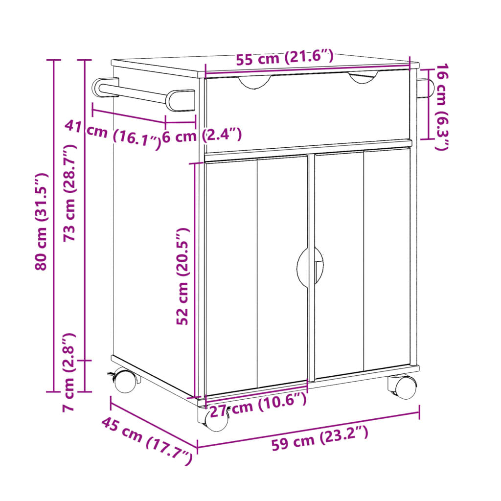 vidaXL Chariot de cuisine OTTA 59x45x80 cm bois massif de pin