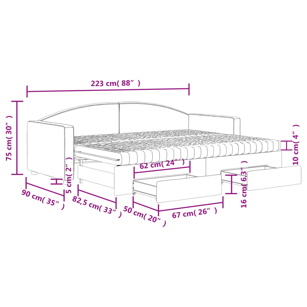 vidaXL Lit de jour avec gigogne et tiroirs crème 80x200 cm tissu