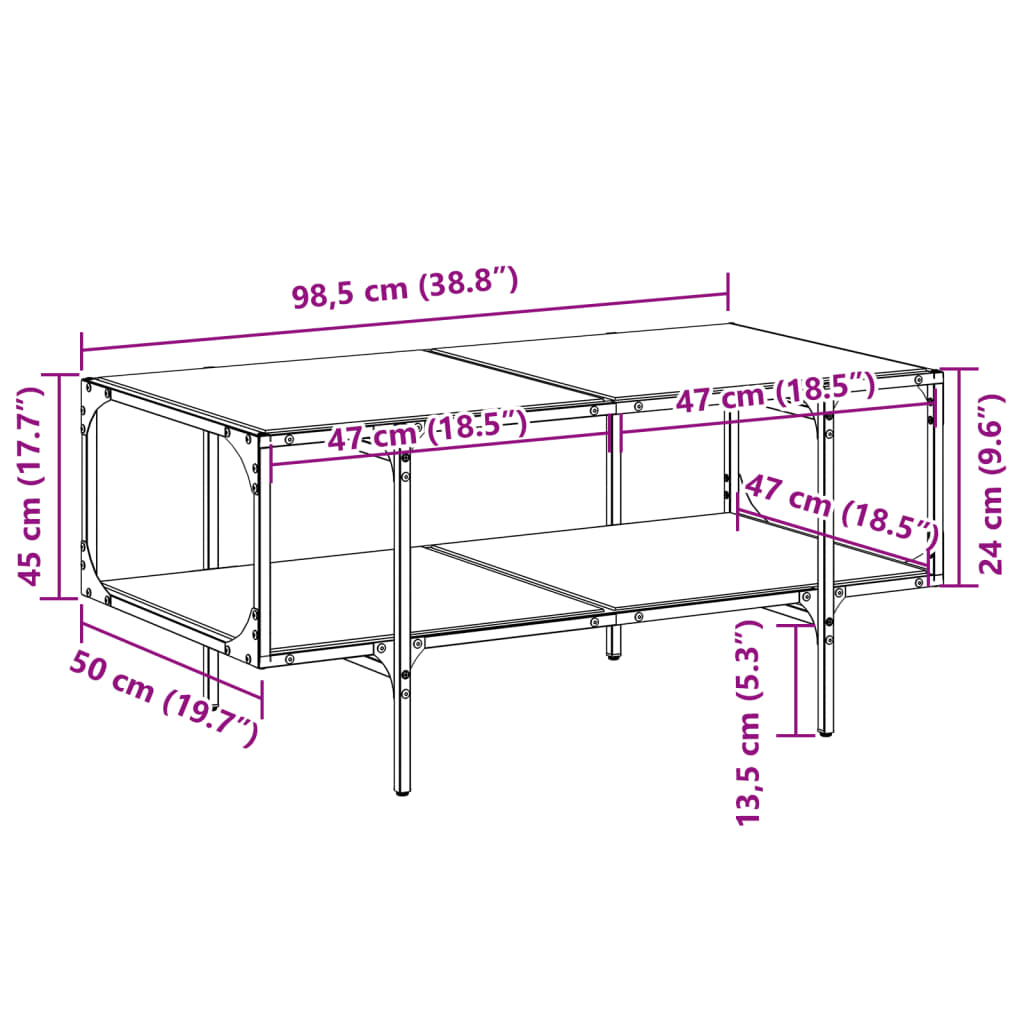 vidaXL Table basse avec dessus en verre transparent 98,5x50x45cm acier