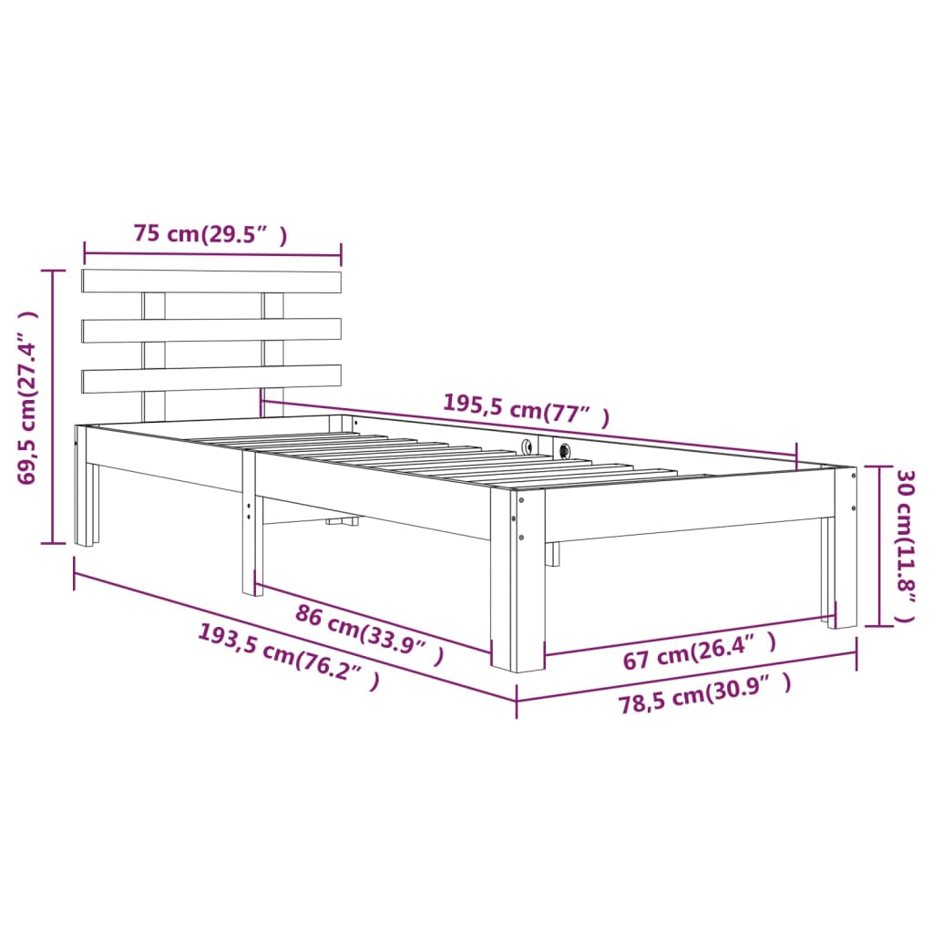 vidaXL Cadre de lit Blanc Bois massif 75x190 cm Petit simple