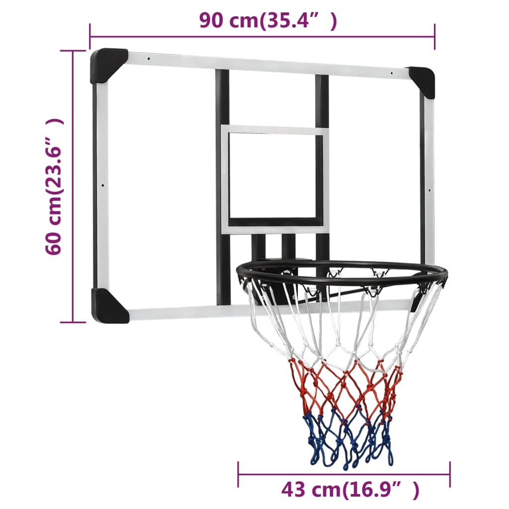 vidaXL Panneau de basket-ball Transparent 90x60x2,5 cm Polycarbonate