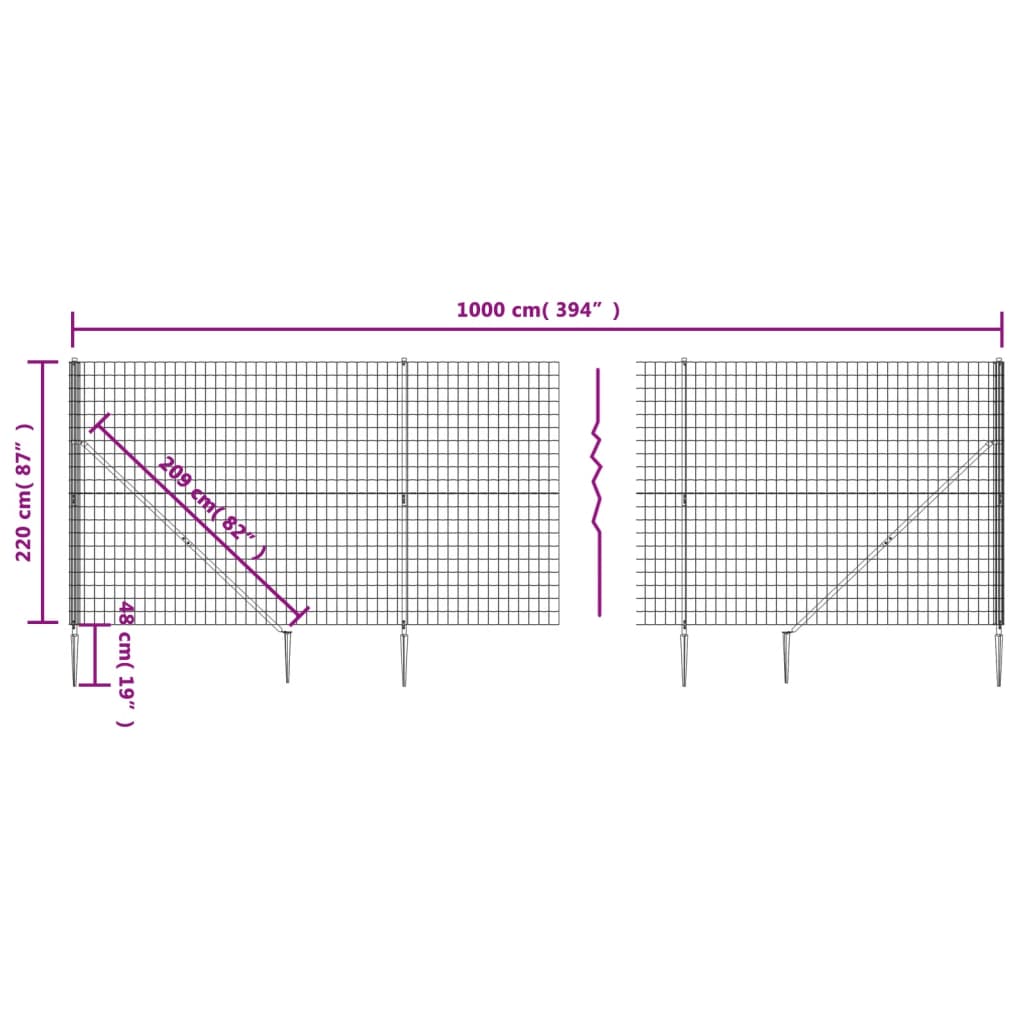 vidaXL Clôture en treillis métallique et ancrage anthracite 2,2x10 m