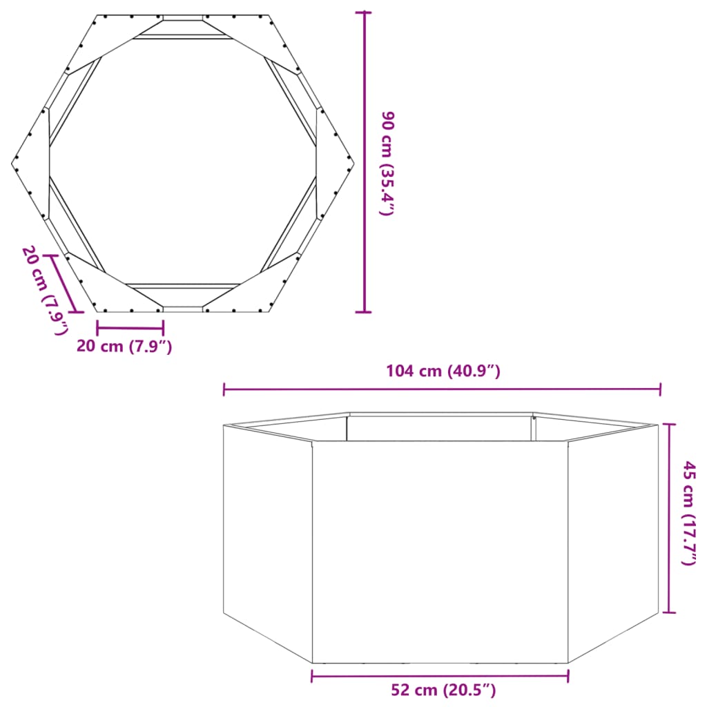 vidaXL Jardinière noir hexagone 104x90x45 cm acier