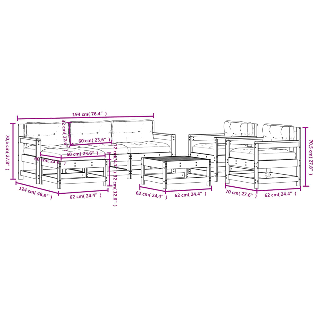 vidaXL Salon de jardin 7 pcs avec coussins blanc bois massif