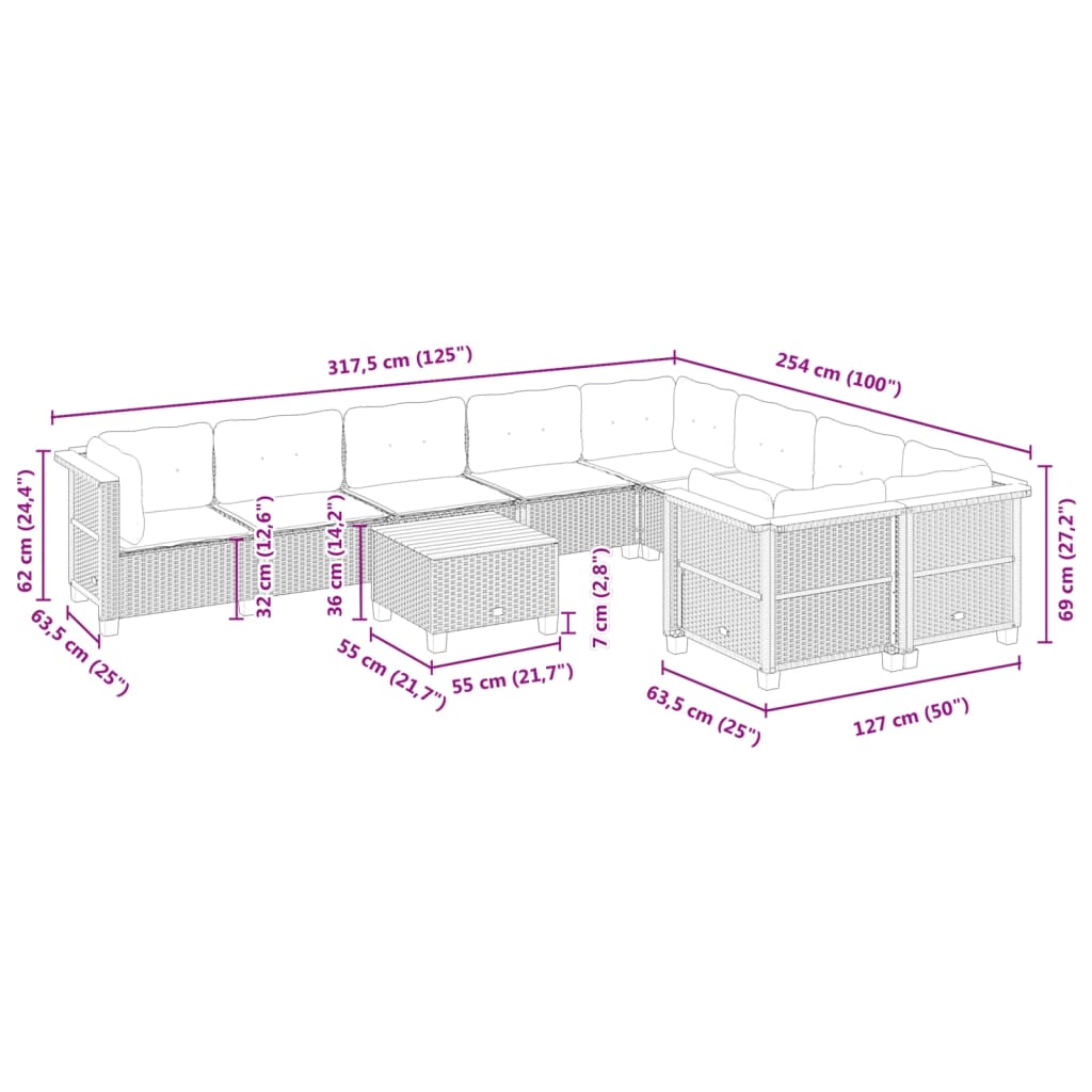 vidaXL Salon de jardin avec coussins 10 pcs gris résine tressée