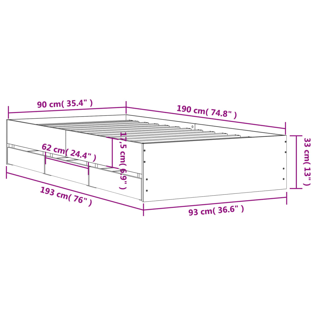 vidaXL Cadre de lit avec tiroirs sans matelas chêne marron 90x190 cm