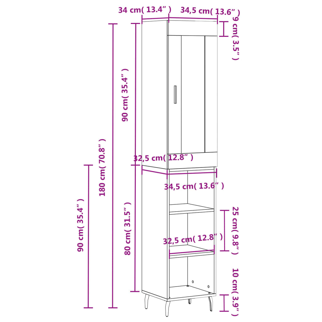 vidaXL Buffet haut Blanc brillant 34,5x34x180 cm Bois d'ingénierie