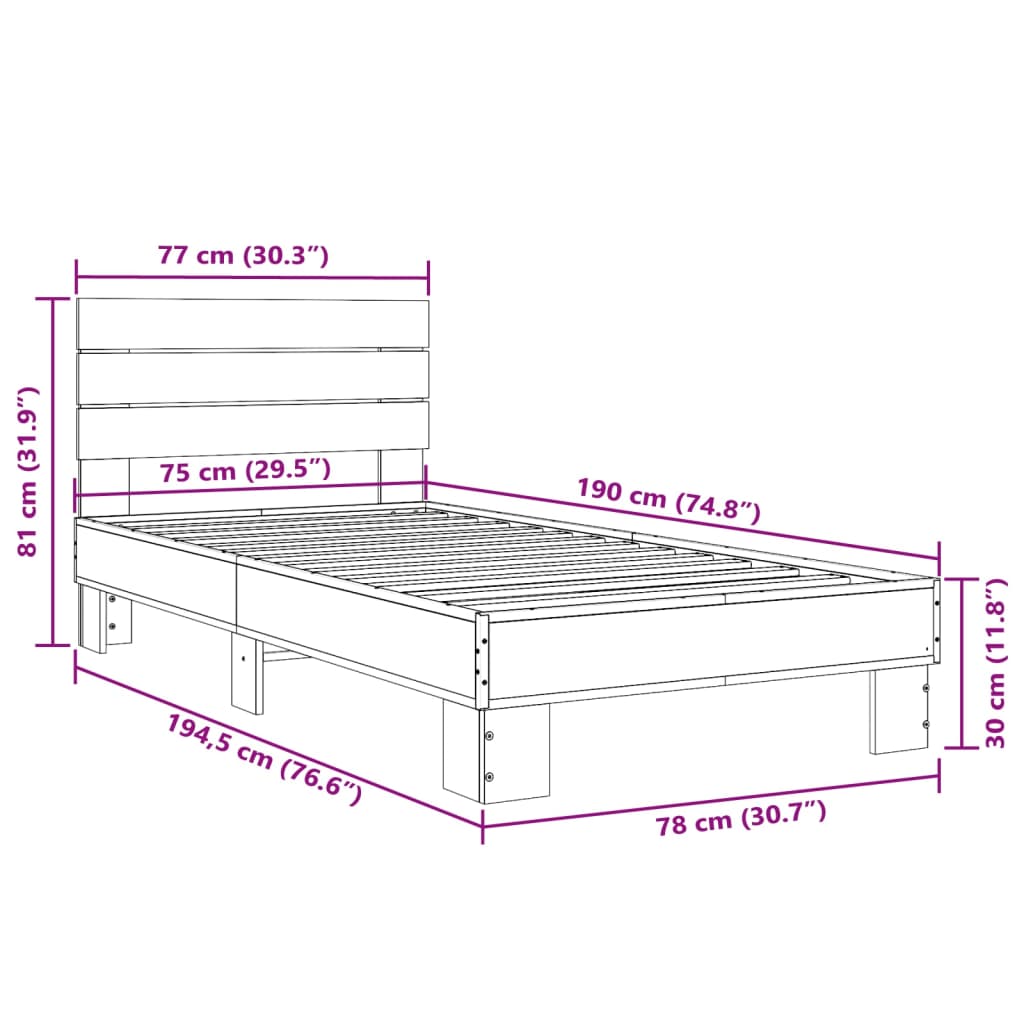 vidaXL Cadre de lit chêne marron 75x190 cm bois d'ingénierie et métal