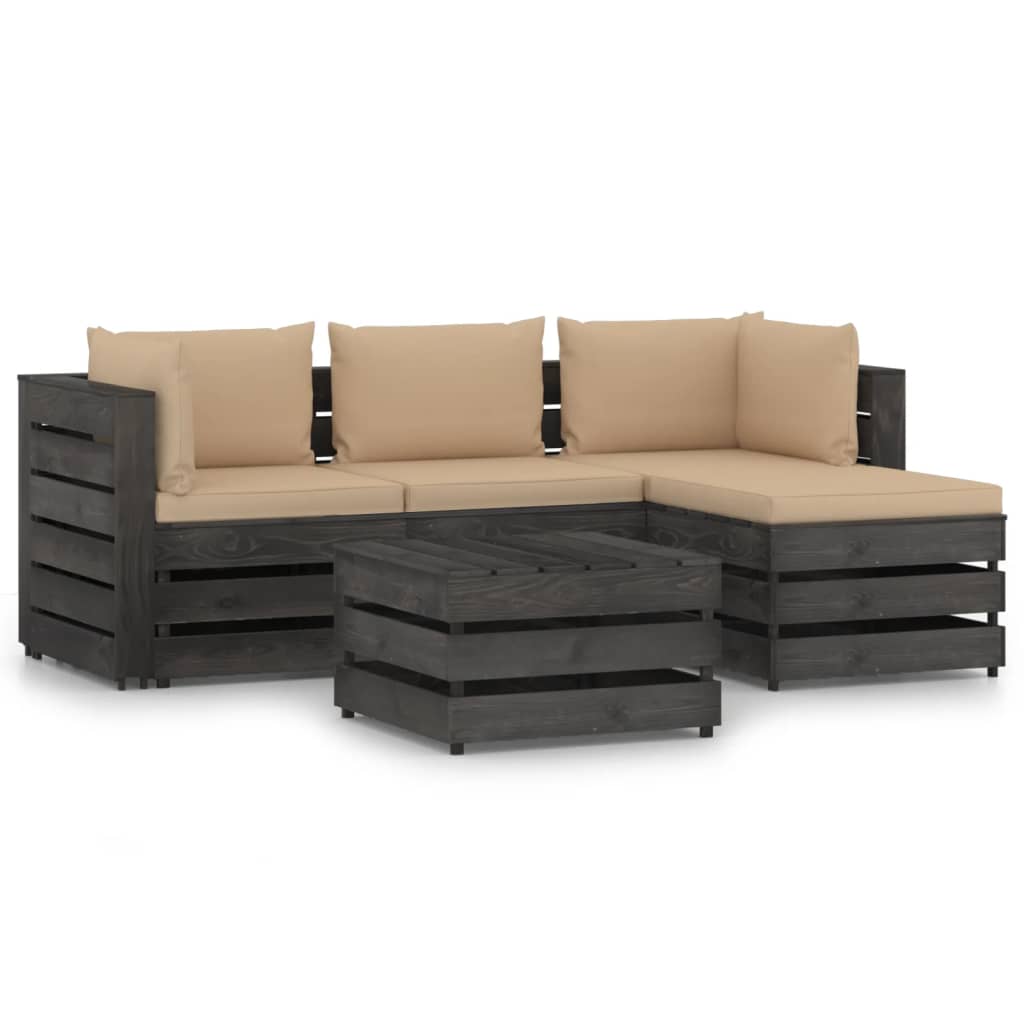 vidaXL Salon de jardin 5 pcs avec coussins gris bois imprégné