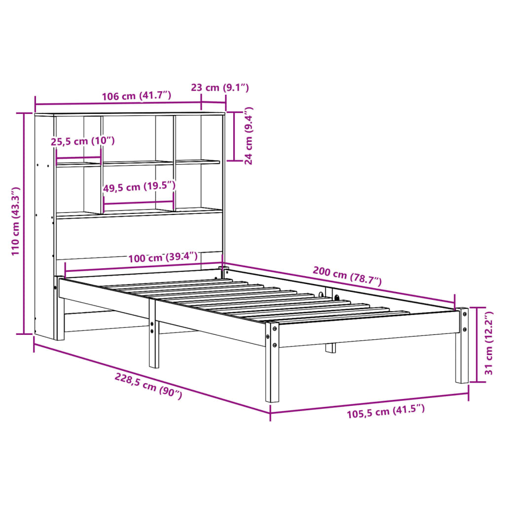 vidaXL Lit bibliothèque sans matelas 100x200 cm bois massif de pin