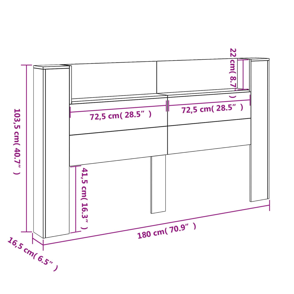 vidaXL Armoire tête de lit avec LED sonoma gris 180x16,5x103,5 cm