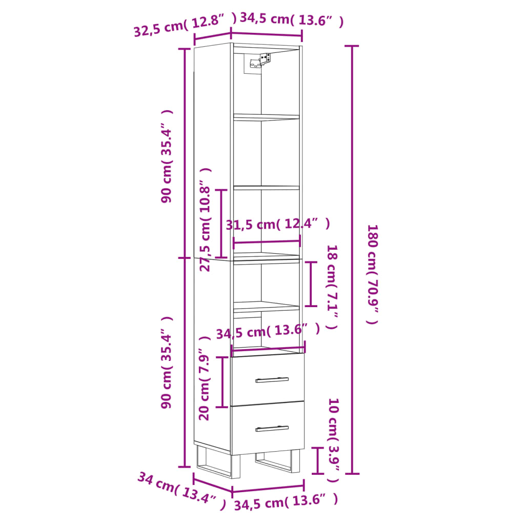 vidaXL Buffet haut Chêne sonoma 34,5x34x180 cm Bois d'ingénierie