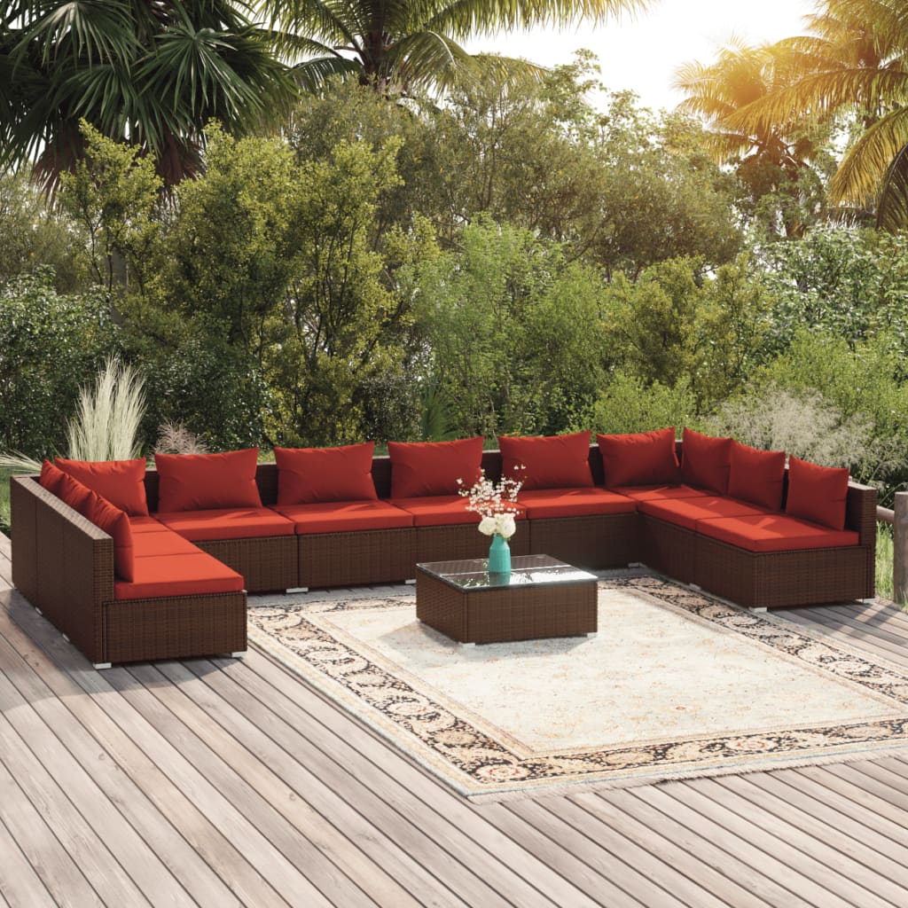 vidaXL Salon de jardin 11 pcs avec coussins Résine tressée Marron