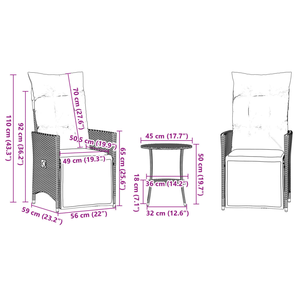 vidaXL Ensemble de bistro 3 pcs avec coussins beige résine tressée