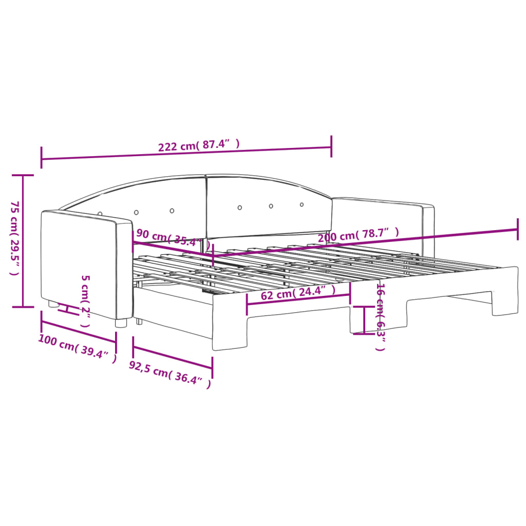 vidaXL Lit de jour avec gigogne sans matelas noir 90x200 cm