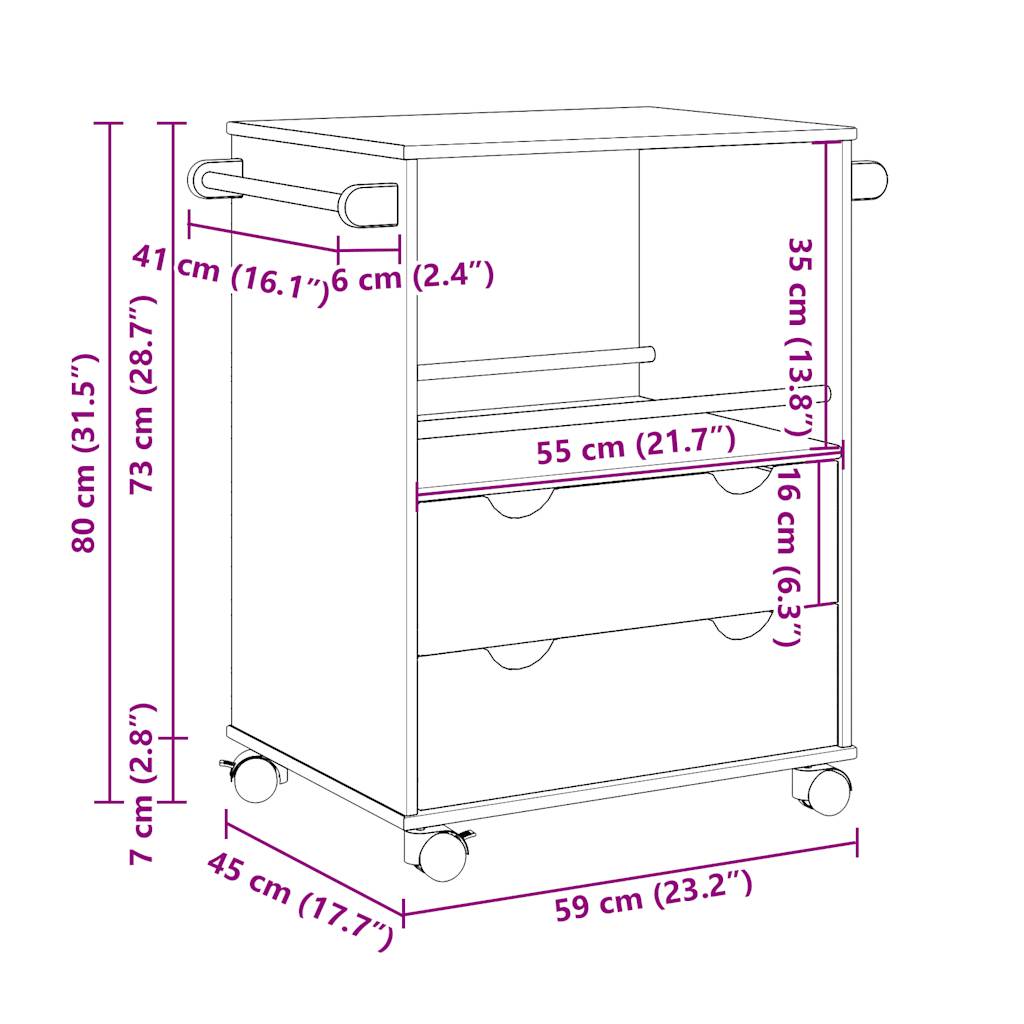 vidaXL Chariot de cuisine OTTA 59x45x80 cm bois massif de pin