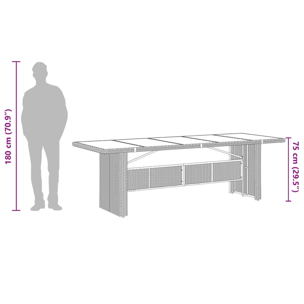 vidaXL Table de jardin dessus en verre noir 240x90x75cm résine tressée