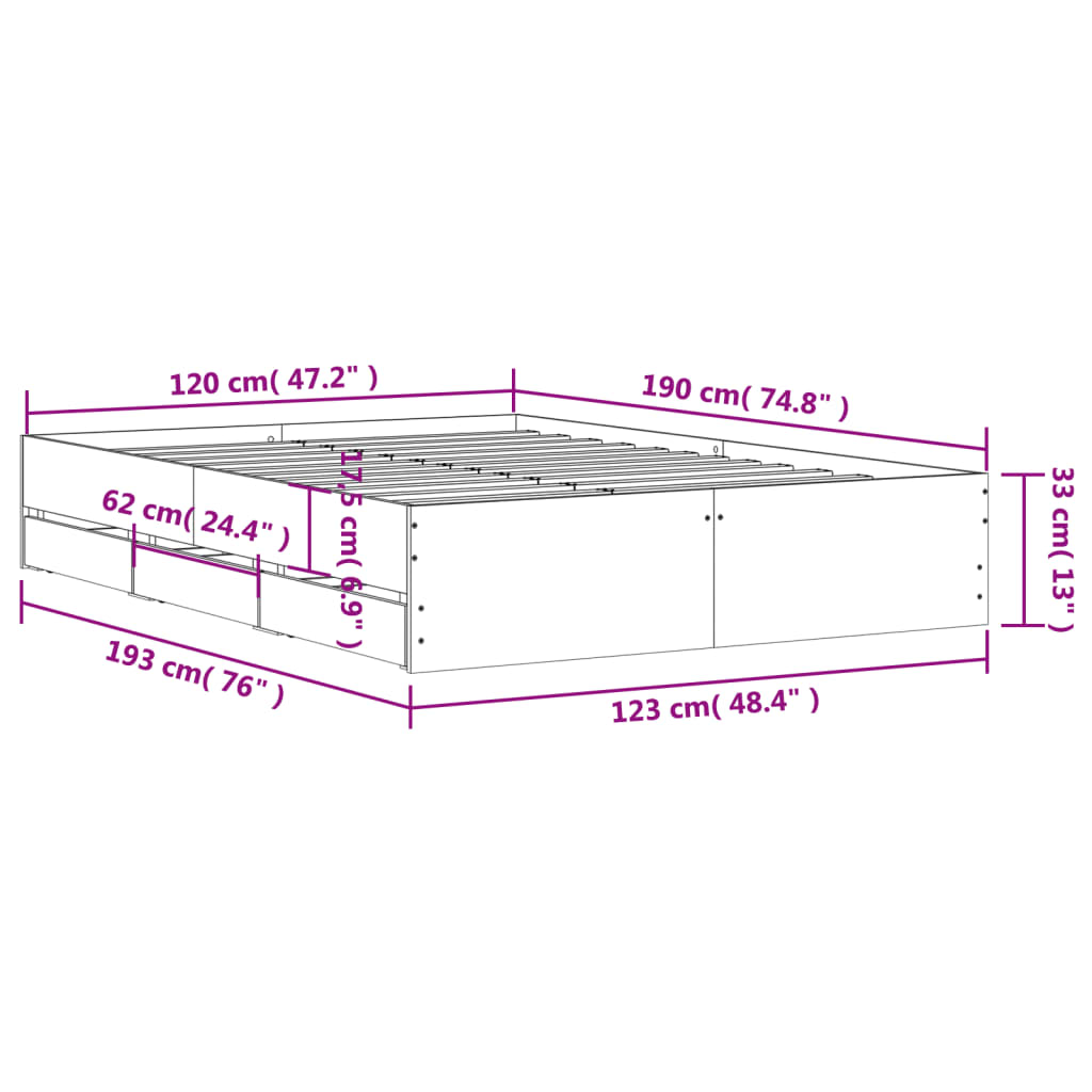 vidaXL Cadre de lit et tiroirs sonoma gris 120x190 cm bois ingénierie