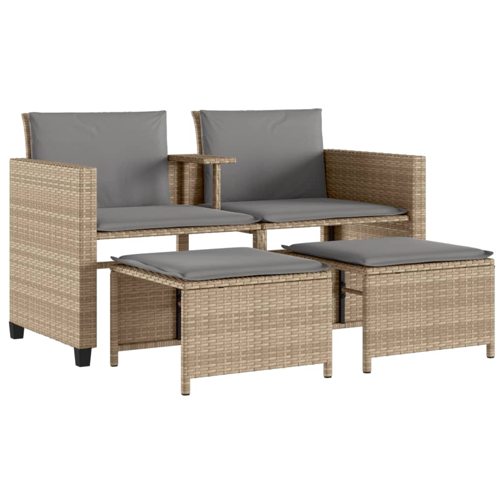 vidaXL Canapé de jardin 2 places avec table et tabourets beige rotin