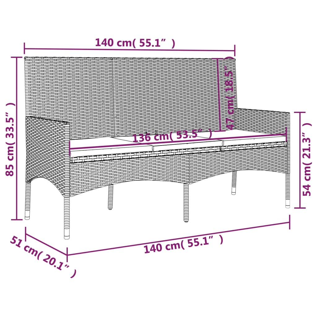 vidaXL Banc de jardin à 3 places avec coussins Gris Résine tressée