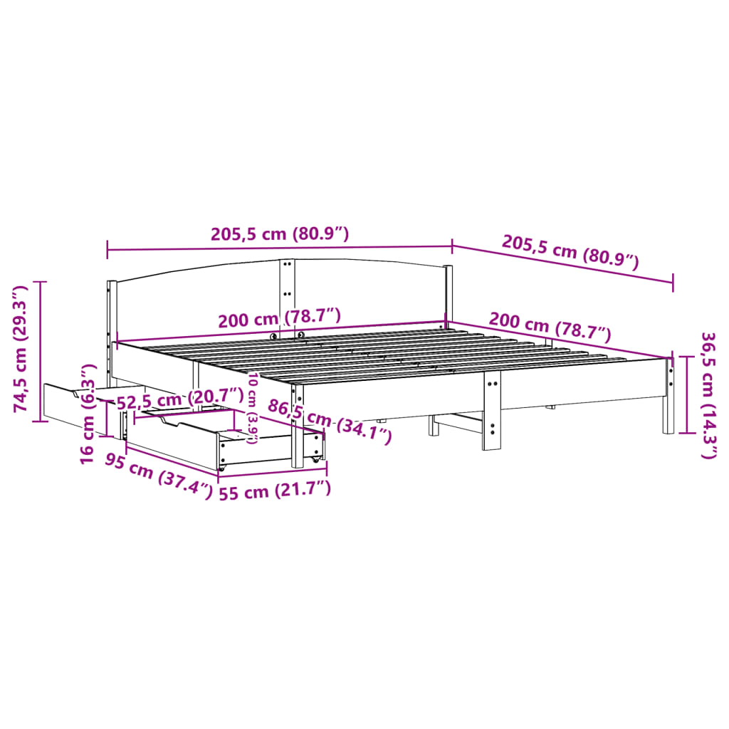 vidaXL Cadre de lit sans matelas 200x200 cm bois massif de pin