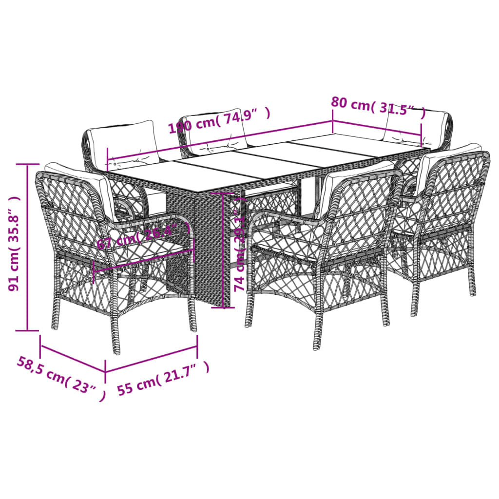 vidaXL Ensemble à manger de jardin coussins 7 pcs mélange beige rotin