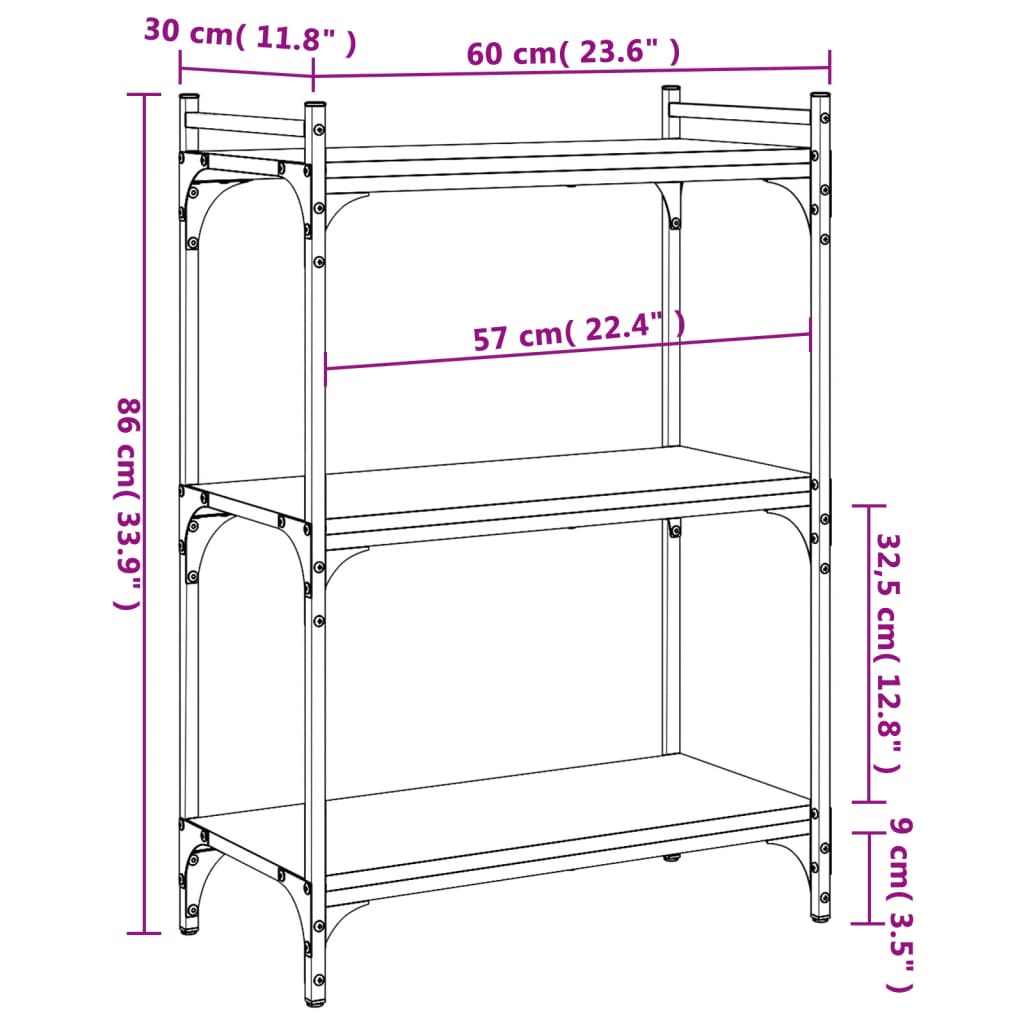 vidaXL Bibliothèque 3 niveaux sonoma gris 60x30x86cm bois d'ingénierie