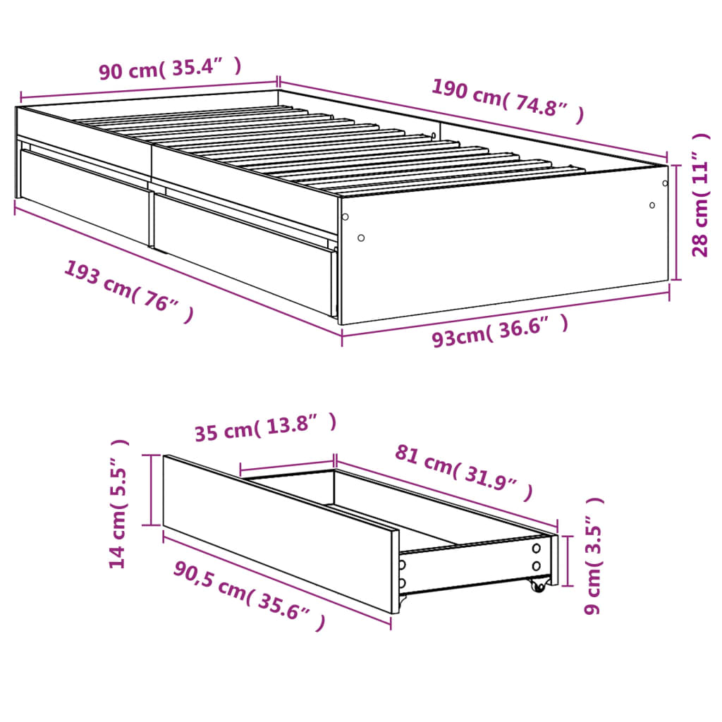 vidaXL Cadre de lit et tiroirs chêne fumé 90x190 cm bois d'ingénierie