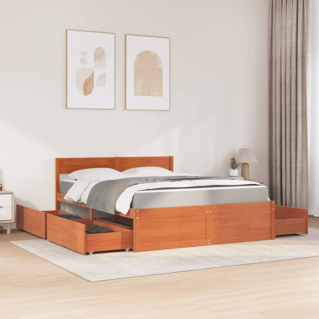 vidaXL Lit avec tiroirs/matelas cire marron 140x200 cm bois massif pin