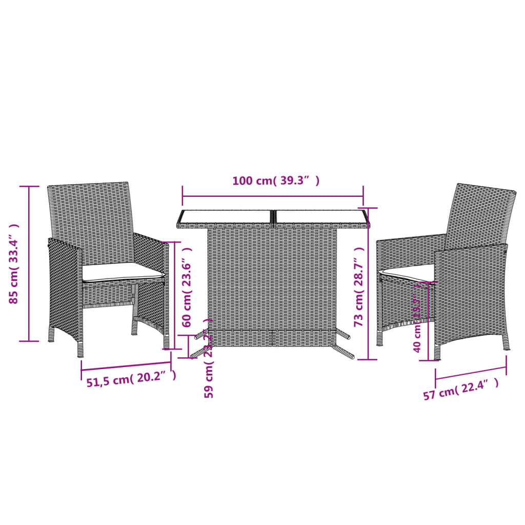 vidaXL Ensemble de bistro 3 pcs avec coussins noir résine tressée