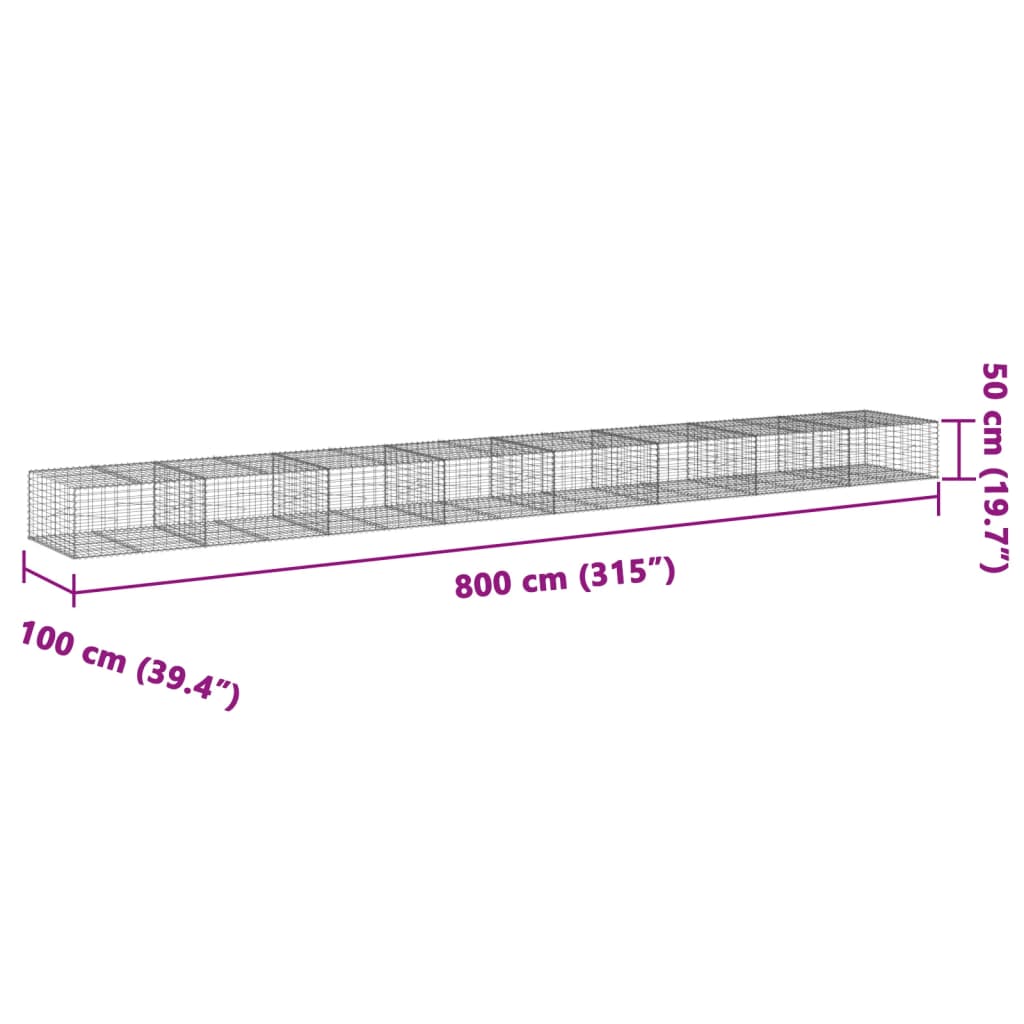 vidaXL Panier gabion avec couvercle 800x100x50 cm fer galvanisé