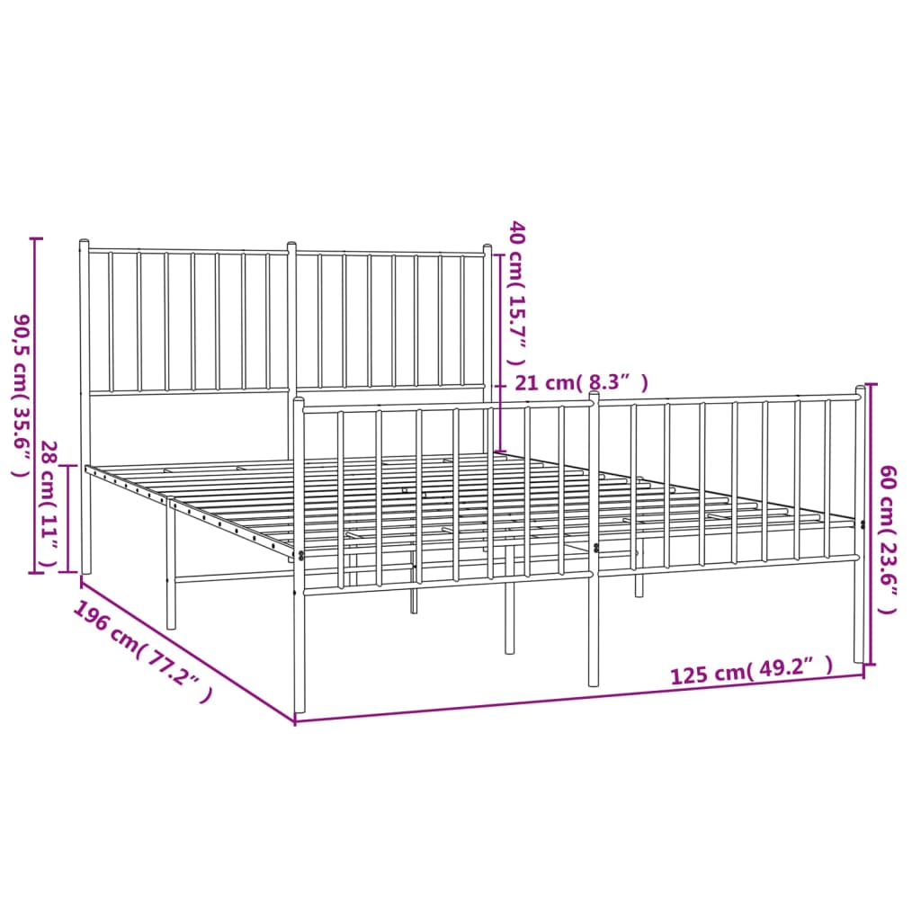 vidaXL Cadre de lit métal sans matelas et pied de lit blanc 120x190 cm