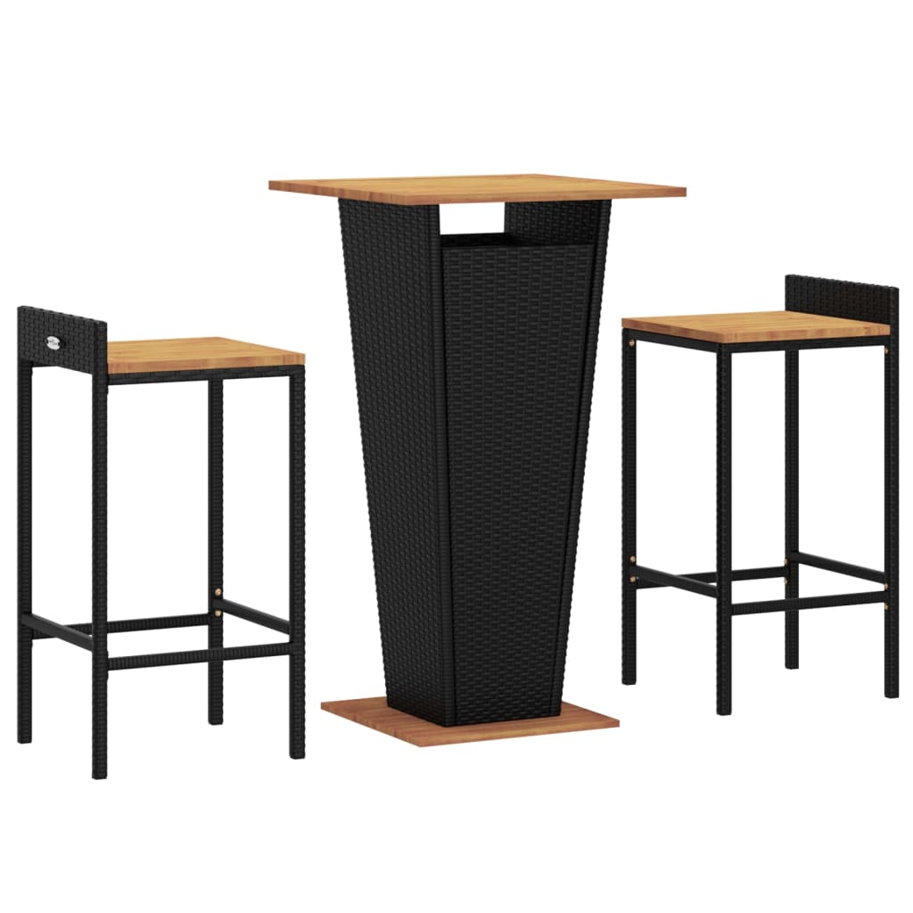 vidaXL Ensemble de bar jardin 3 pcs noir poly rotin/bois massif acacia