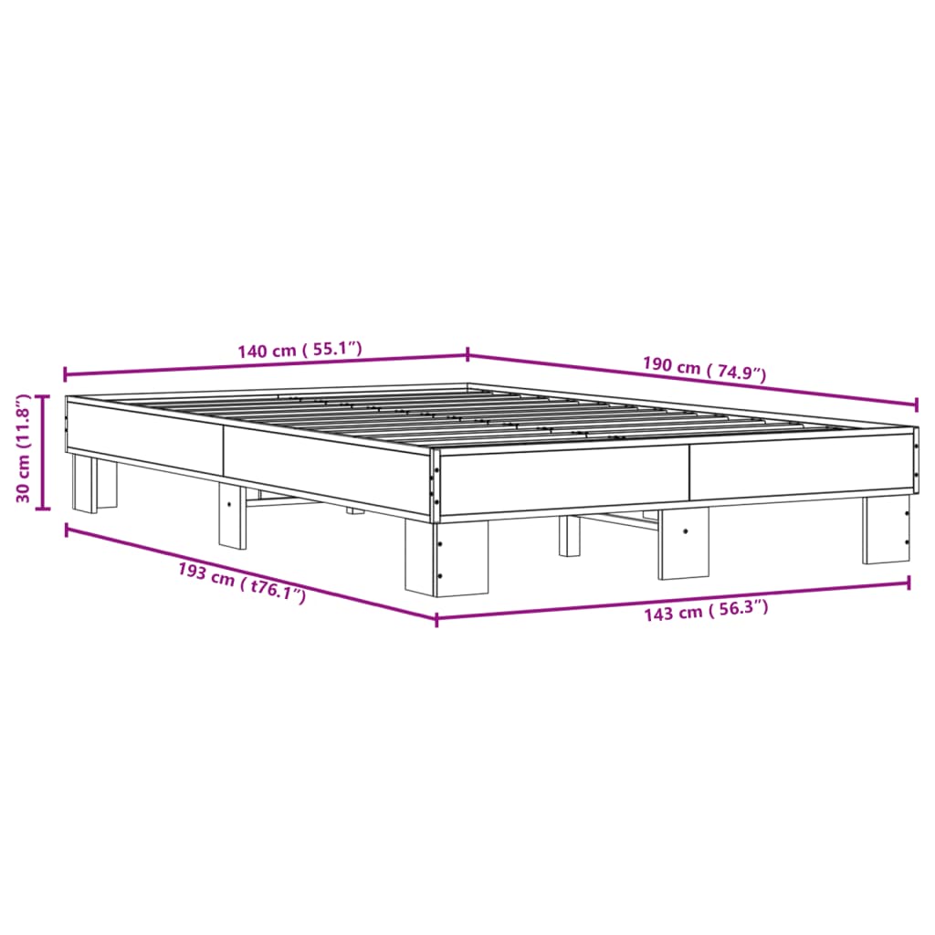 vidaXL Cadre de lit chêne fumé 140x190 cm bois d'ingénierie et métal