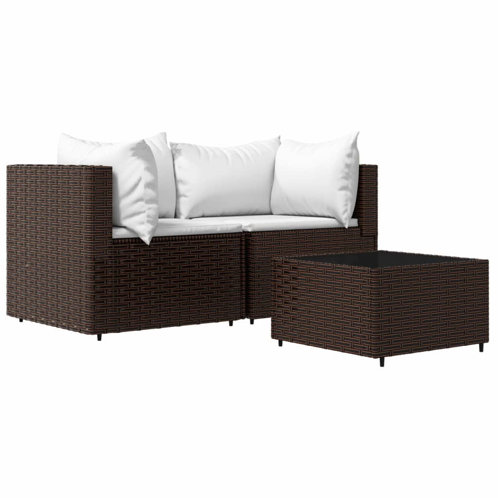 vidaXL Salon de jardin 3 pcs avec coussins marron résine tressée