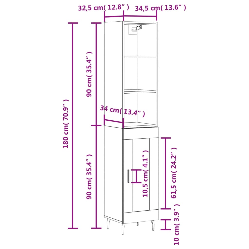 vidaXL Buffet haut Sonoma gris 34,5x34x180 cm Bois d'ingénierie