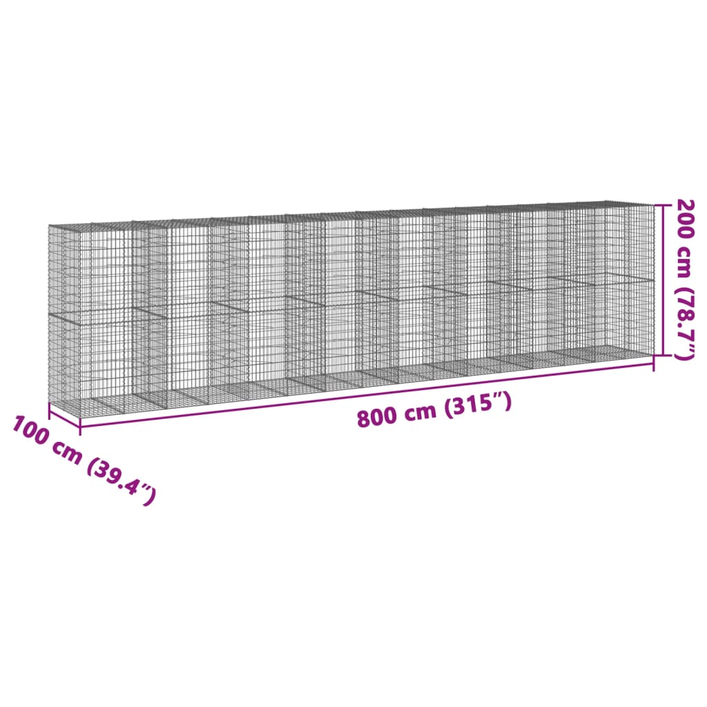 vidaXL Panier gabion avec couvercle 800x100x200 cm fer galvanisé