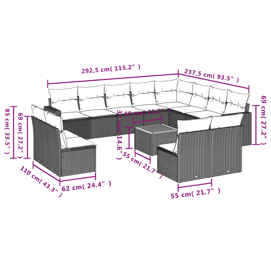 vidaXL Salon de jardin avec coussins 13 pcs noir résine tressée