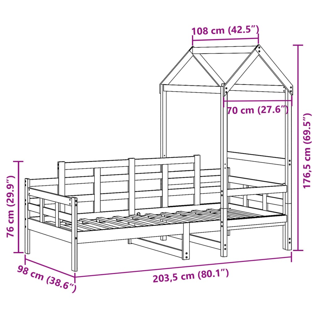 vidaXL Lit de jour avec toit sans matelas 90x200 cm bois massif