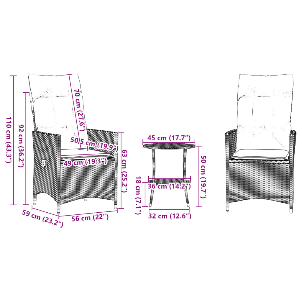 vidaXL Ensemble de bistro 3 pcs avec coussins beige résine tressée