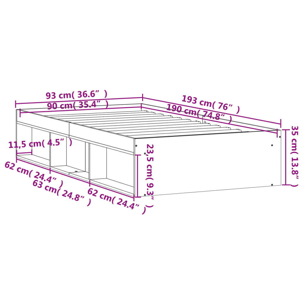 vidaXL Cadre de lit sans matelas sonoma gris 90x190 cm