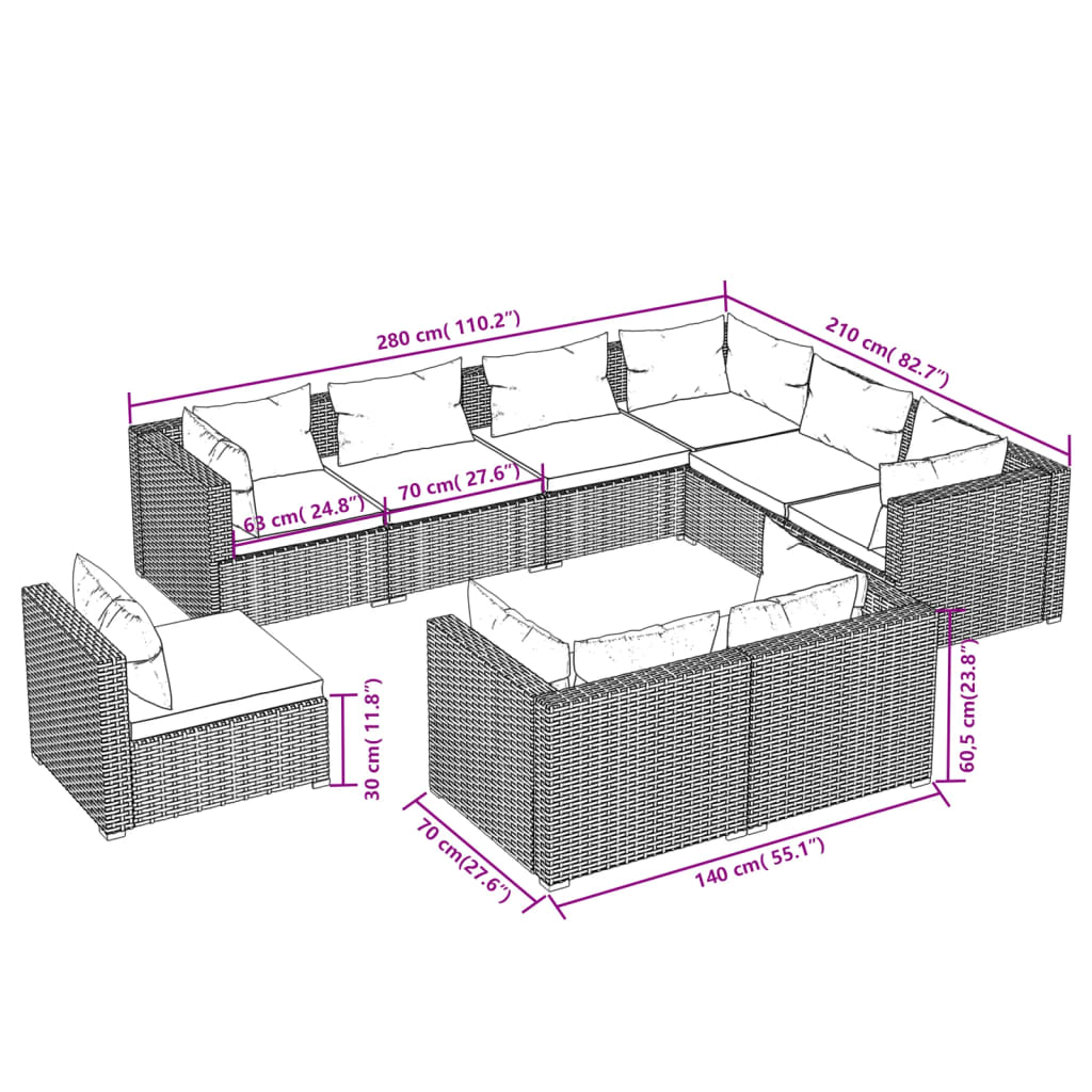 vidaXL Salon de jardin 9 pcs avec coussins Résine tressée Gris