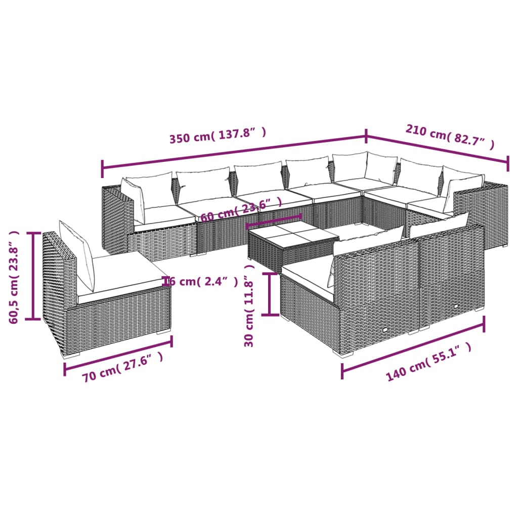 vidaXL Salon de jardin 11 pcs avec coussins Résine tressée Gris