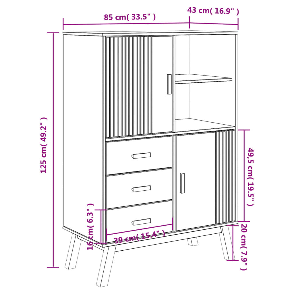 vidaXL Buffet haut OLDEN gris et marron 85x43x125cm bois massif de pin