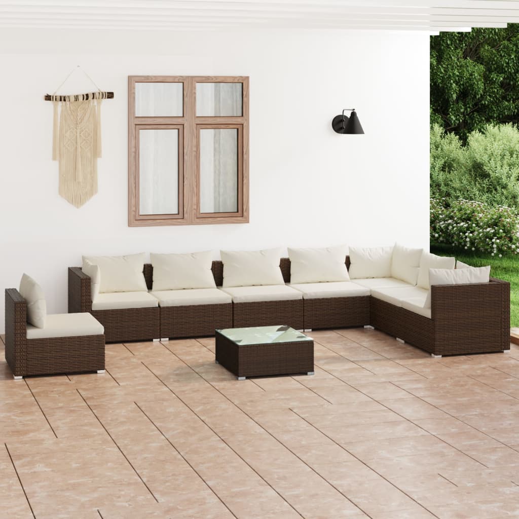 vidaXL Salon de jardin 9 pcs avec coussins Résine tressée Marron