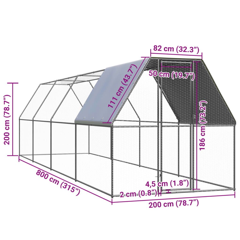 vidaXL Poulailler 2x8x2 m acier galvanisé