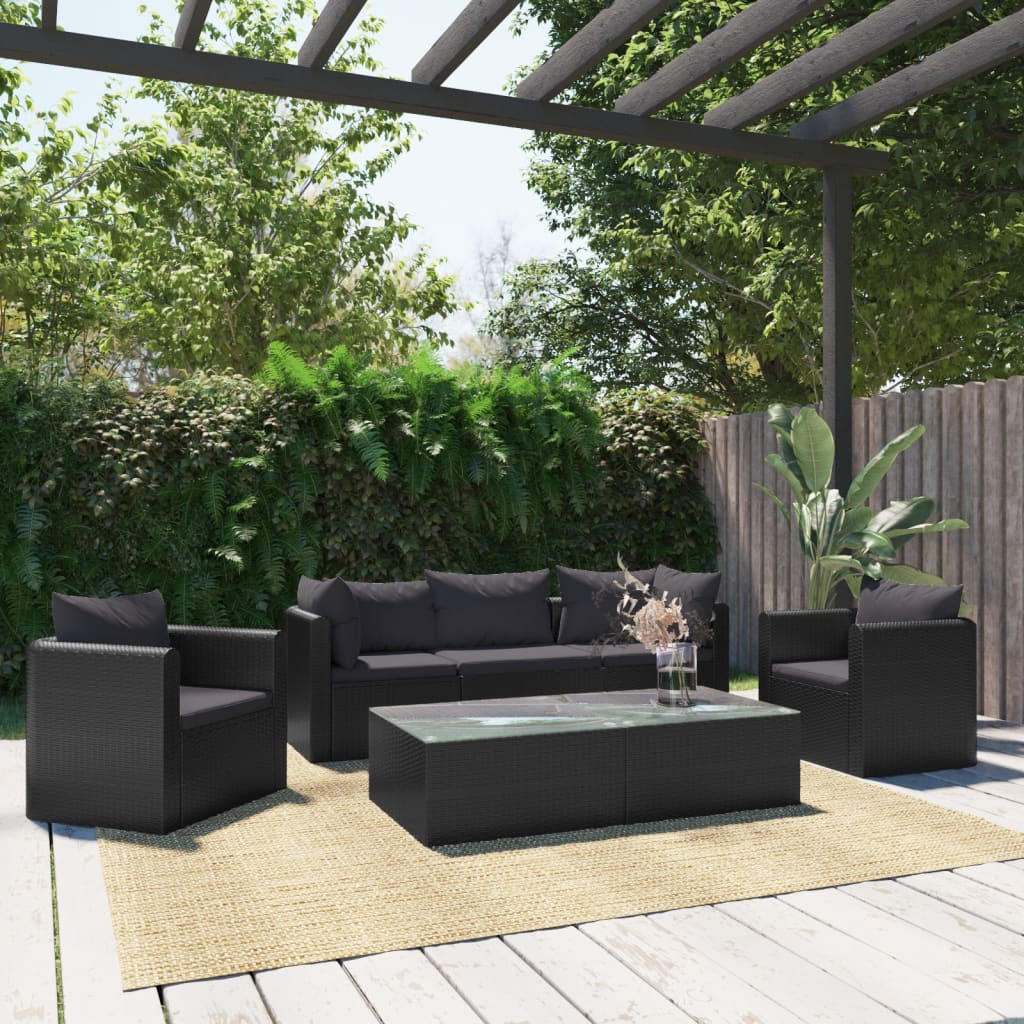 vidaXL Salon de jardin 7 pcs avec coussins Résine tressée Noir